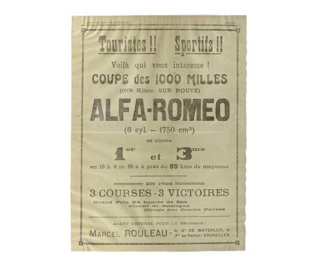 A Mille Miglia 1929 Alfa Romeo successes news-print advertising poster,printed by Le Figaro as a supplement, for the Belgian 