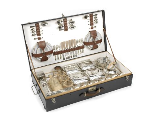 A large cased picnic set for six persons by G W Scott &amp; Sons, circa 1909,black Rexine covered case with nickelled side ha