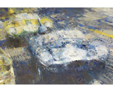 Dexter Brown (British, 1942- ), 'Jaguar D-Types, Le Mans 1957',signed, acrylic on canvas depicting the Flockhart/Bueb Ecurie 