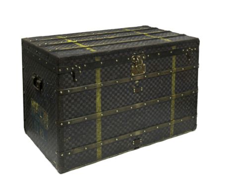 A large Louis Vuitton 'Haute Courier' trunk, circa 1900,printed canvas 'Damier' checkerboard exterior, with two painted yello
