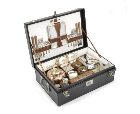 A fine four person cased picnic set by G W Scott &amp; Sons, circa 1905,black Rexine covered case with nickel plated end hand