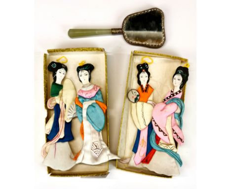 Four handmade silk applique figures of Chinese Tang ladies, H. 16cm, together with a porcelain and jade handled hand mirror, 