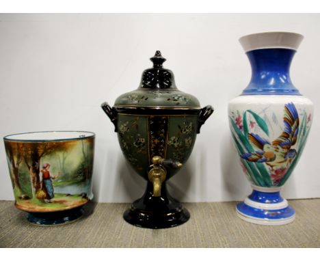 A 19th century hand painted porcelain vase, H. 43cm, together with a hand painted porcelain planter and porcelain samovar.