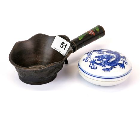 A Chinese cloisonne enamelled temple water ladle, L. 18cm, together with a Chinese porcelain ink box.