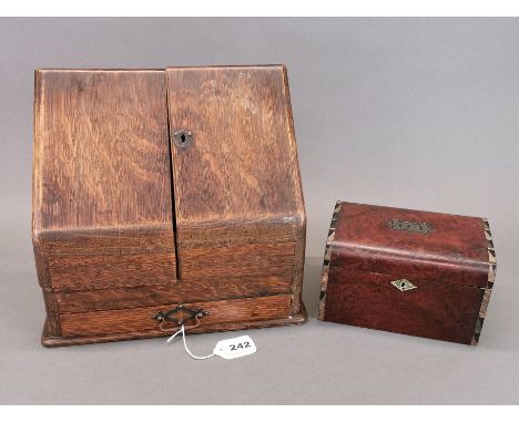 An oak stationery box, H. 29cm,  with a 19th century tea caddy.