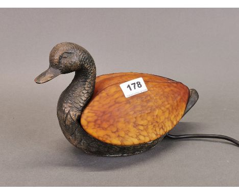 An unusual bronze and glass bird table lamp, L. 27cm, H. 17cm.