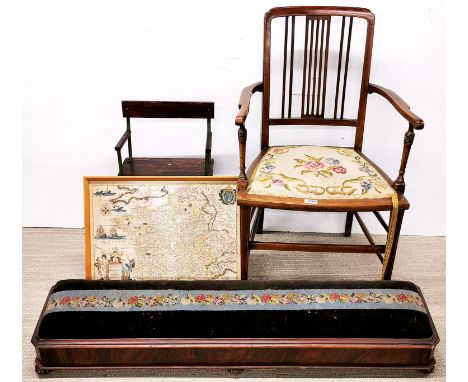 A Victorian mahogany and tapestry prayer stool with an inlaid tapestry upholstered chair, a framed reproduction map of France