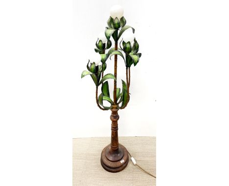 An interesting painted metal and wood standard lamp, H. 160cm. Two leaves detached.