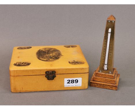 An Isle of White Mauchlin Ware satinwood box, 17 x 14 x 6cm together with an oak and brass thermometer.