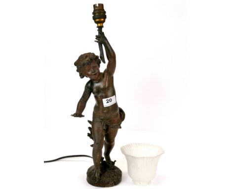 A heavy cast metal cherub table lamp after Ferrand, H. 46cm, together with a frosted glass shade.
