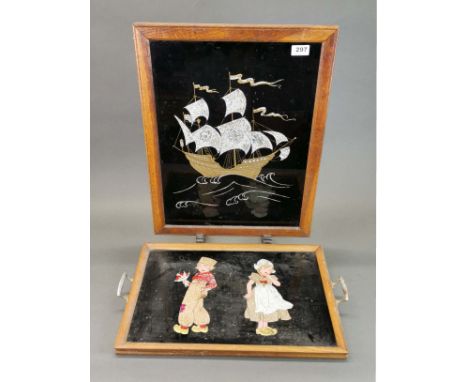 A 1920's oak and foil decorated fire screen, H. 62cm, together with a foil decorated tray.