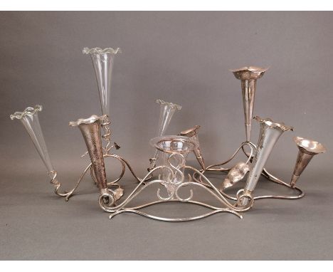 Three silver plate and glass epergne centrepieces, tallest H. 31cm.