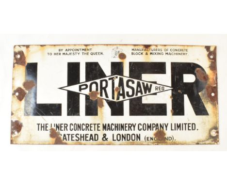 A LINER PORTASAW REG original enamel sign. By Appointment to Her Majesty the Queen. 15 1/2" x 7 1/2", 39.5cm x 19cm.  General