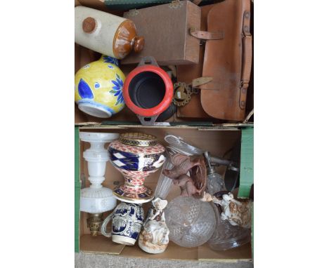 Mixed items to include pottery, stoneware foot warmer, French enamel cooking dish, glassware and others (2 trays - collection