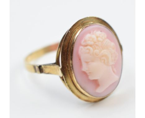 9ct gold (tests as) pink coral cameo ring, size S, 2.8 grams.  