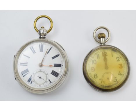 Large hallmarked silver pocket watch, London hallmark, 6cm diameter, with a later military pocket watch marked with Broad Arr