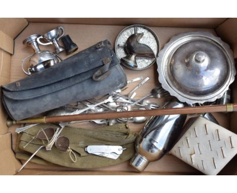 Mixed items to include silver plate, a ring holder, a military hats, a copper hunting horn and others (Qty).  