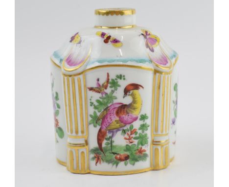 Chelsea porcelain (or in the style of)  tea caddy, decorated with exotic birds, 10.5cm tall.  Generally good condition - smal