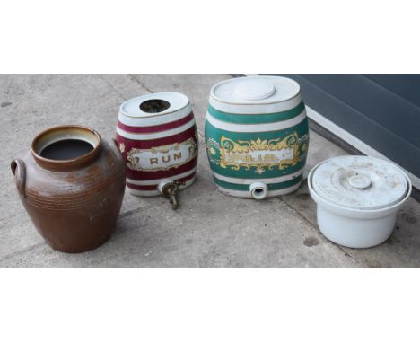 A 19th century stoneware kitchen jar. a later ceramic jar with 2 mid 20th century alcohol decanters, tallest 33cm tall.  Coll