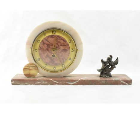 French Art Deco mantle clock with a pair of doves, 42cm long.  