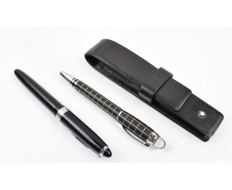 Montblanc Roller Ball Pen in Montblanc leather case together with another fountain pen by Safrane. (2)  In good condition, so