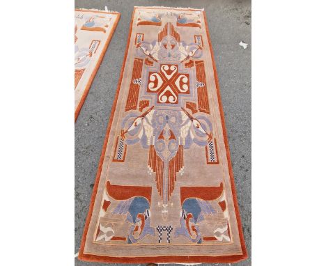 Pair of contemporary Art Deco-style rugs, probably Chinese Superwash, each with a stylised radiating foliate medallion, withi