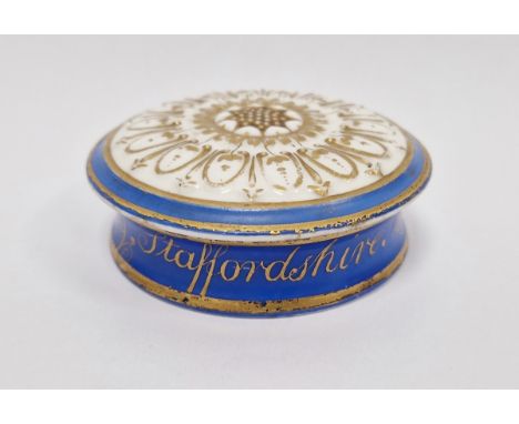 Staffordshire porcelain named and dated circular small box and cover, named and dated for William Walthall, Hanley, Staffords