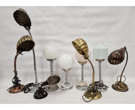 Nine vintage table lamps, including five gooseneck lamps with shell-shaped shades, three with chromed barley twist stems and 