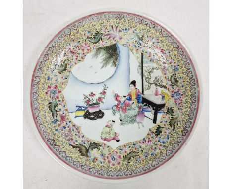 20th century Chinese Famille Rose-pattern charger, four-character red enamelled mark to base, painted with a mother and child
