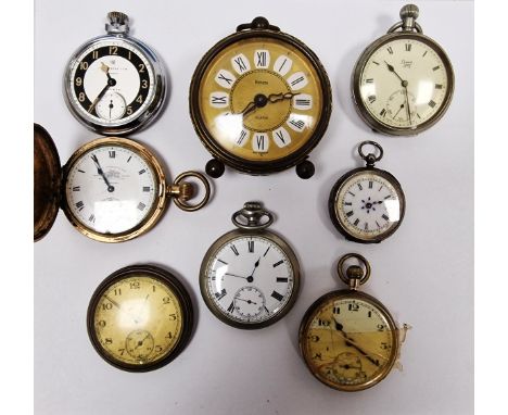 Continental silver-coloured metal fob watch, key winding, six other gold-plated and metal pocket watches&nbsp;to include one 