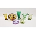 Group of coloured glassware including an Art Deco uranium green trumpet-shaped vase, an amethyst