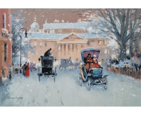 Gilbert Dunlop (20th century, illustrator for Enid Blyton) Watercolour & gouache Victorian winter street scene with figures, 