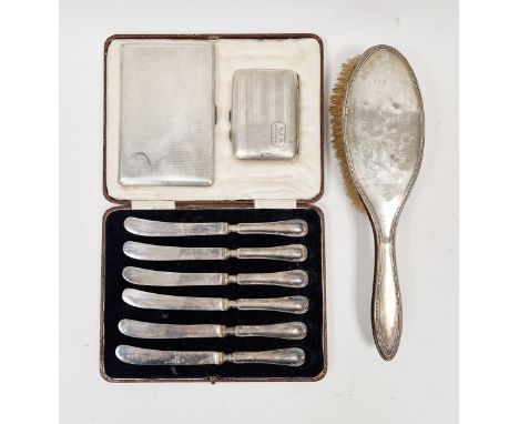 Set of six silver-handled tea knives, a silver cigarette case, engine-turned, another smaller&nbsp;and a silver-mounted hairb