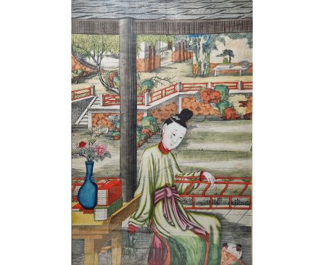 Chinese school Watercolour on print Reclining female figure in garden, 77cm x 52cm  Condition Report Lower section appears to