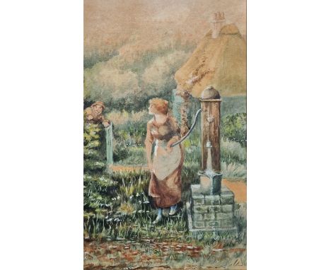 Unattributed Watercolour drawing  Edwardian girl at water pump, 20cm x 12cm  F J Heywood Watercolour drawing  Pheasant in fli