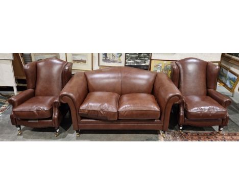 Brown leather two-seater 'Southwold' sofa and two armchairs by Laura Ashley Home, sofa 165cm x 92cm x 90cm (3)  Condition Rep