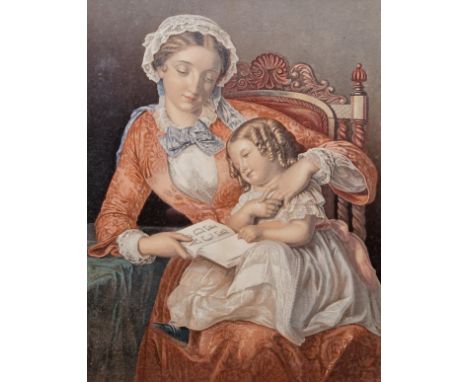 19th century Baxter/Le Blond type colour print, of a mother teaching her child to read, dated 1865, 21cm x 16cm  Baxter colou
