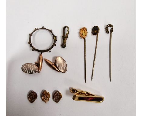 Three stickpins, cased, three gold-coloured metal collar studs, cased and&nbsp;two gold-coloured metal and enamel cufflinks, 