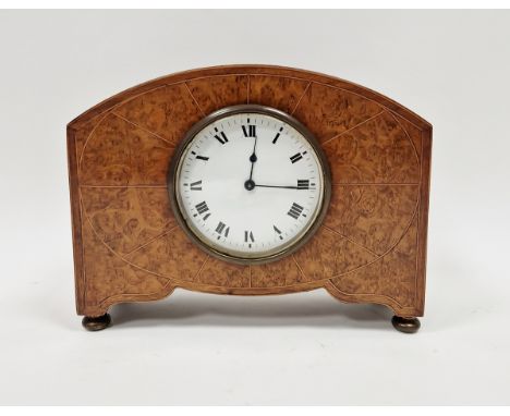 Early 20th century burr walnut veneered mantel clock, the circular enamel dial having Roman numerals denoting hours, raised o