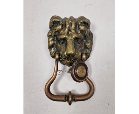 19th century brass lion mask door knocker, with fittings, approx. 22cm high overall&nbsp;