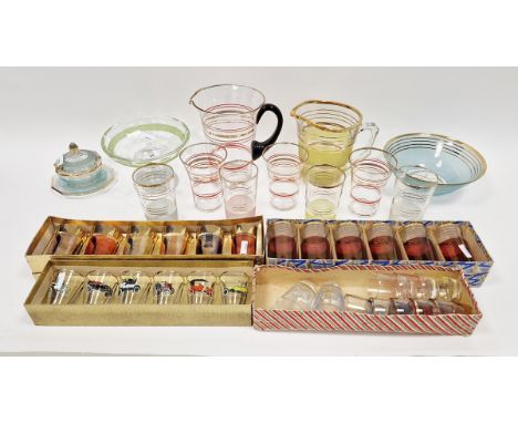 Group of mid-century lemonade sets and boxed tumblers, including a lemonade set with gilt bands and textured coloured bases, 