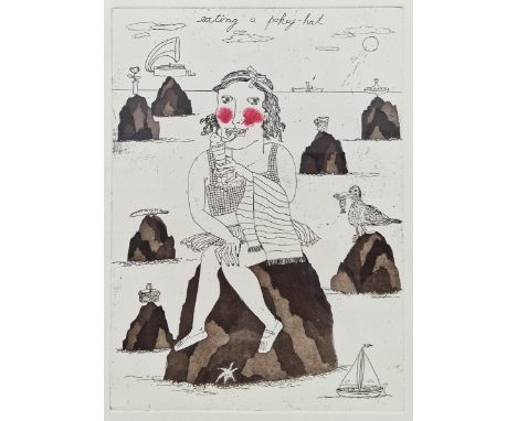 After Maggie Clyde (20th century)  Handcoloured print  "Eating a Pokey-Hat", signed, titled and dated 82 in pencil, numbered 