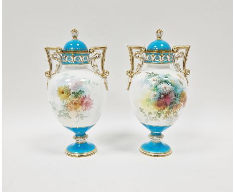 Pair of Minton bone china turquoise ground two-handled oviform vases&nbsp;with domed covers, circa 1880, printed gilt marks, 