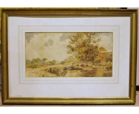 Assorted framed modern tapestries, a picture frame, various framed prints, a watercolour&nbsp;of a rustic scene and another, 