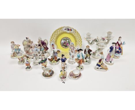 Assorted late 19th/early 20th century Dresden and Continental porcelain figures in the Meissen-style, a Meissen yellow ground