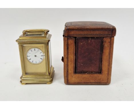 Miniature brass five-glass carriage clock, white circular enamel dial (no hands) in textured brass plate, movement stamped 'H