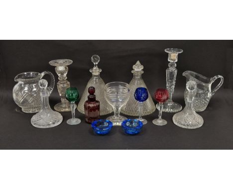 Assorted 19th and 20th century cut glass&nbsp;including a pair of diamond-cut conical decanters with matched stoppers, 24cm h