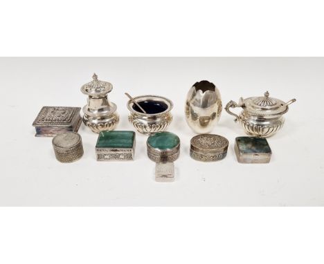 Sterling three-piece condiment set, all semi-gadrooned, 800 mark, egg container and various white metal trinket boxes&nbsp;