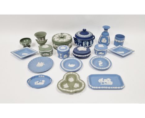 Collection of Wedgwood Jasperware, 20th century, various impressed factory marks, including sage green, pale and dark blue ex