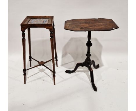 Victorian mahogany jardiniere stand of square form with mosaic style tile top with geometric decoration, raised on four turne